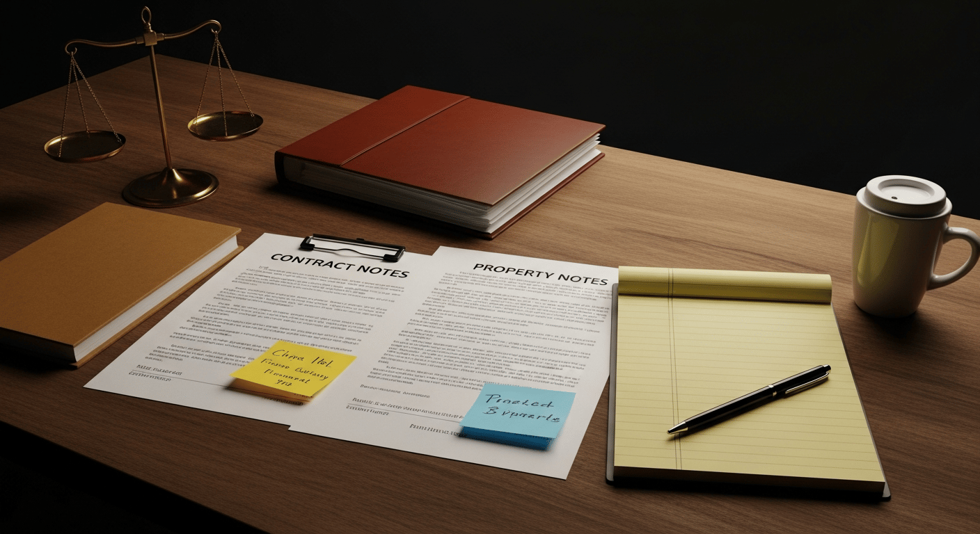 Organized legal papers and court-style notes prepared for a civil dispute explainer.