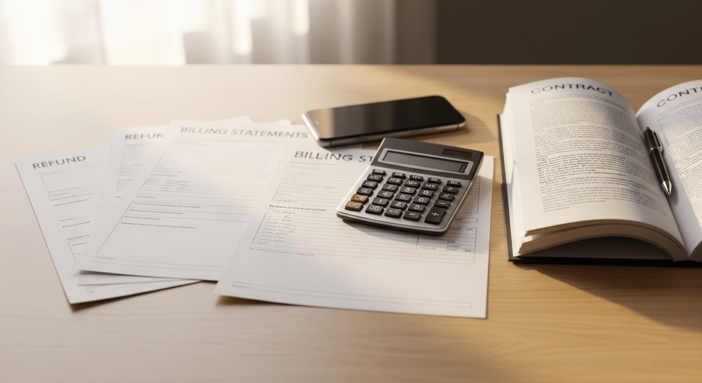 Consumer protection scene with billing papers, contracts, and research notes.