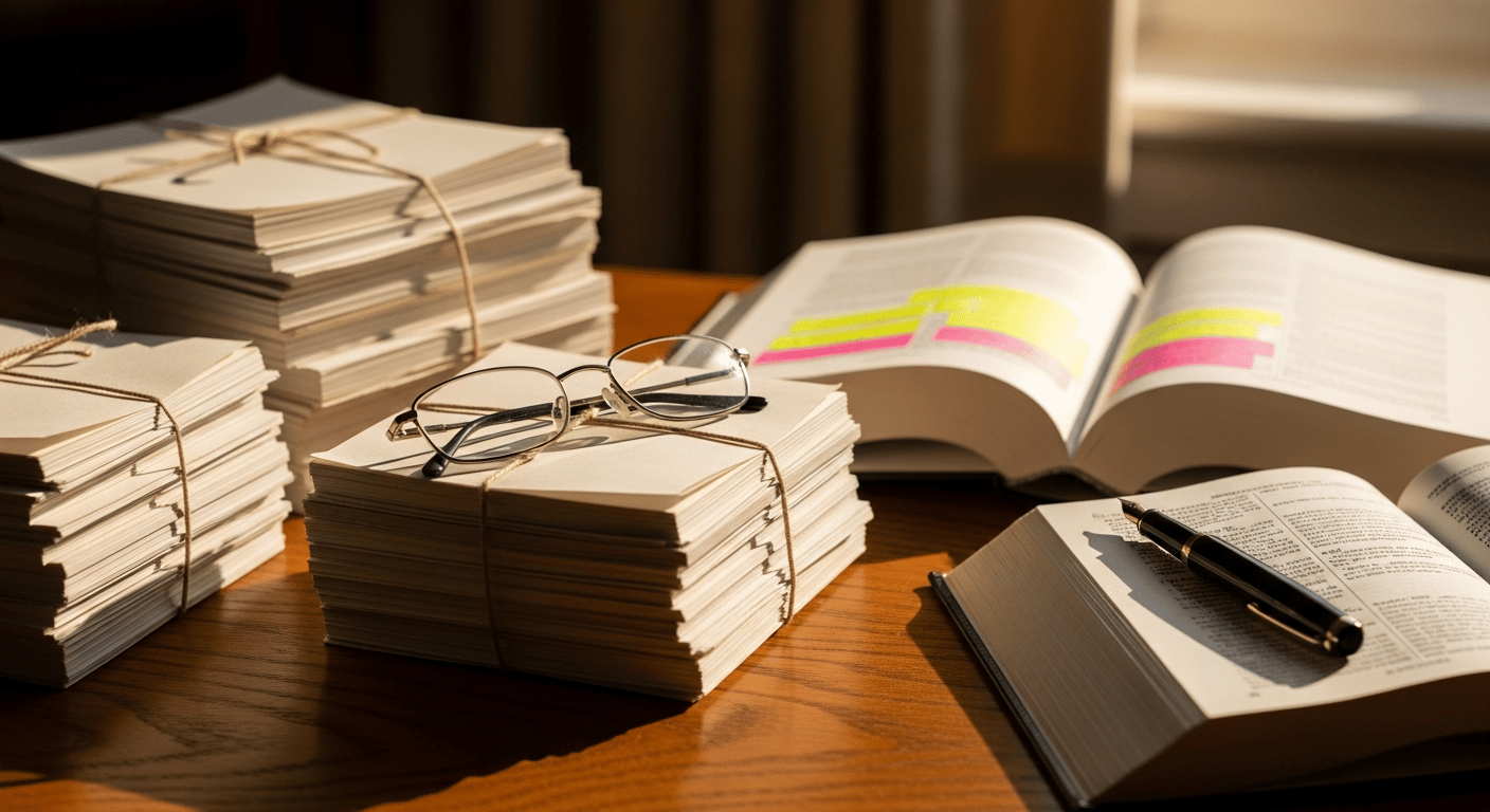 Editorial legal workspace with documents, notes, and warm natural light.