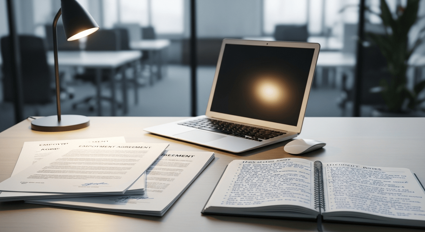 Professional workplace scene with employment documents and a calm office setting.