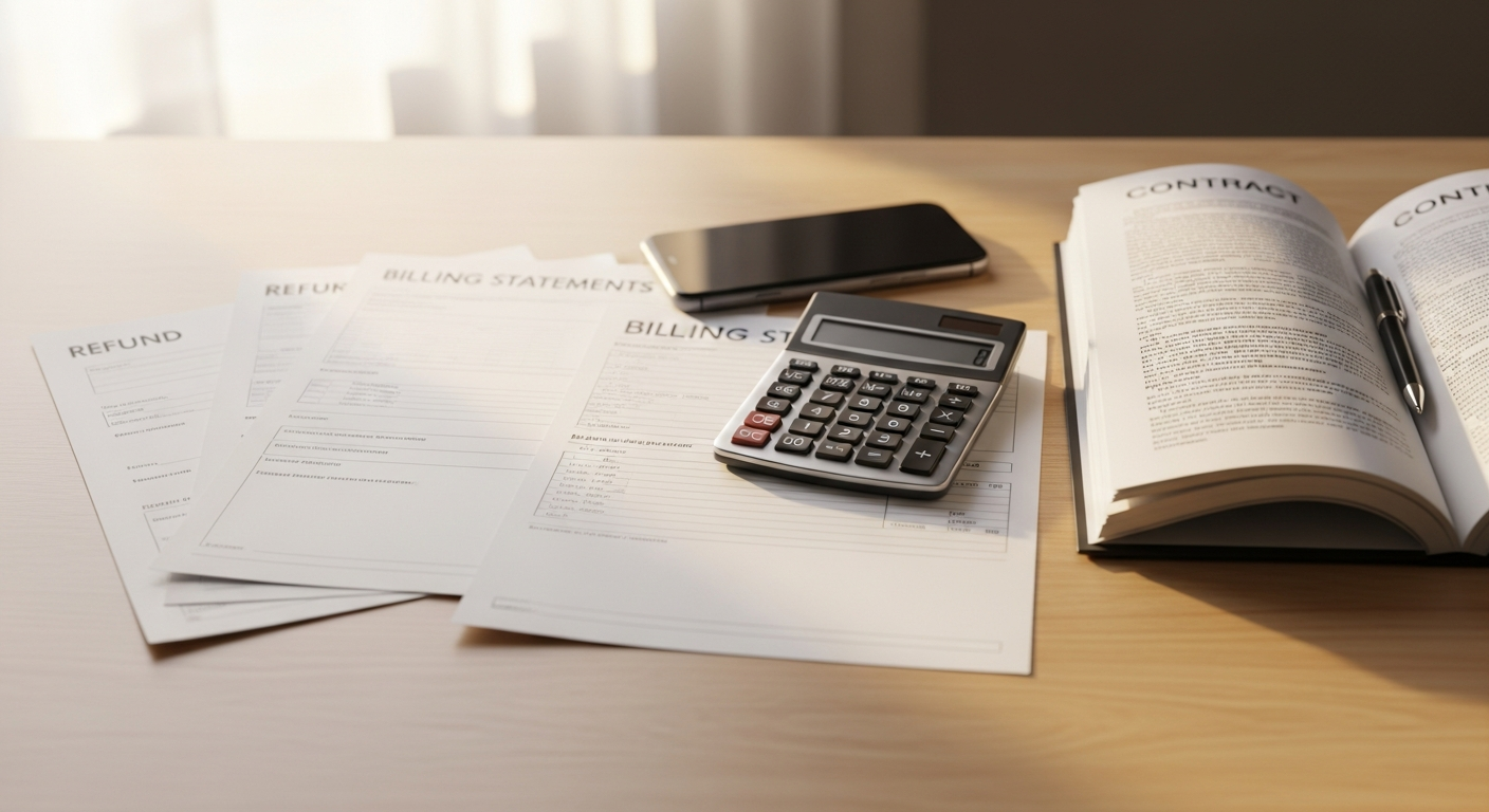 Consumer protection scene with billing papers, contracts, and research notes.
